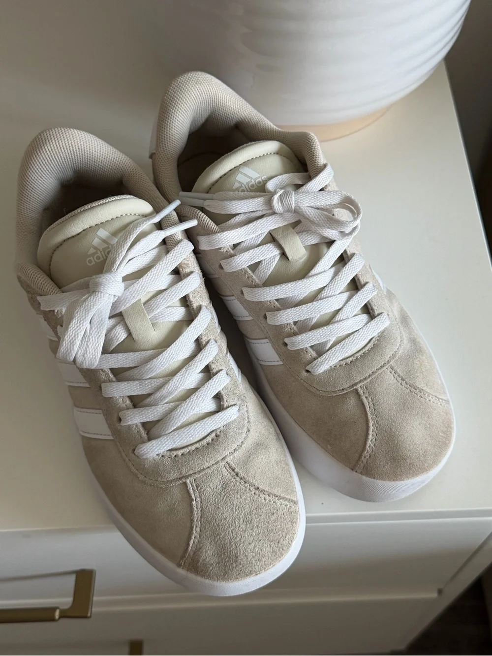 adidas Beige Suede Low-Top Sneakers with White Stripes